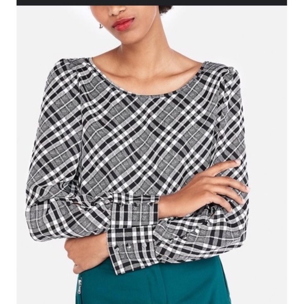 Express Black White Plaid Blouse Career Top Womens M Long Sleeve Button Cuff